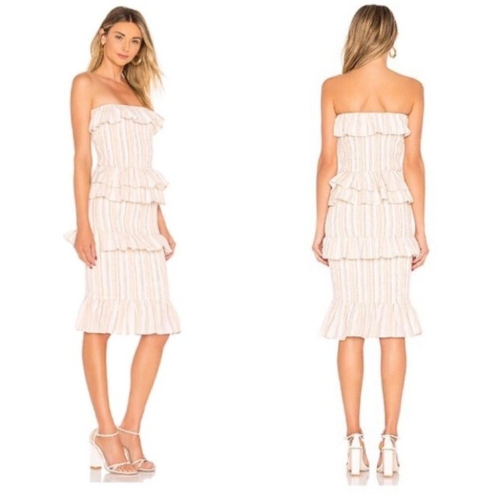 Tularosa Bailee Smocked Striped Tiered Ruffle Skirt Strapless Midi Dress